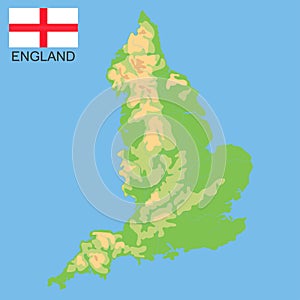 England. Detailed physical map of England colored according to elevation, with rivers, lakes, mountains. Vector map with