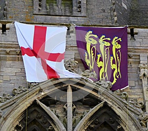 England Flags on Exterior Church Wall