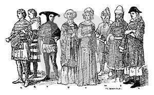 England Fourteenth Century Middle Ages Fashion, vintage illustration photo