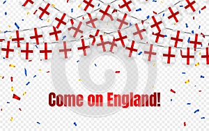 England garland flag with confetti on transparent background, Hang bunting for celebration template banner, Vector illustration