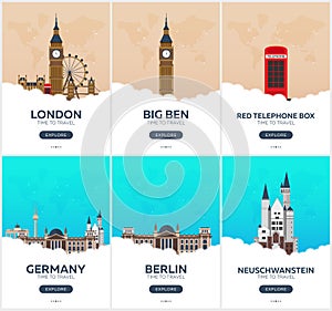 England, Germany. Time to travel. Set of Travel posters. Vector flat illustration.