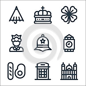 England line icons. linear set. quality vector line set such as cathedral, phone box, english breakfast, big ben, police hat,