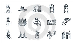 england line icons. linear set. quality vector line set such as tower of london, spy, police, soccer, tower bridge, sir, castle,