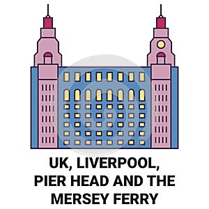 England, Liverpool, Pier Head And The Mersey Ferry travel landmark vector illustration