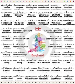 England major cities abstract skylines outline icons. Map of England with all major cities and administrative divisions borders photo