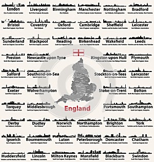 England major cities abstract skylines silhouettes icons. Map of England with all major cities and administrative divisions border photo