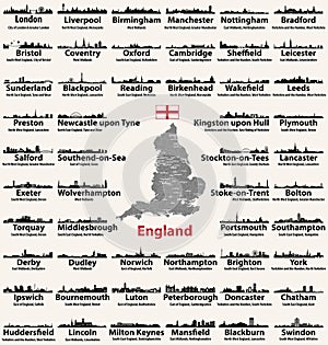 England major cities abstract skylines silhouettes icons. Map of England with all major cities and administrative divisions border