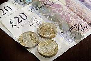 England money pounds close up coins and banknotes