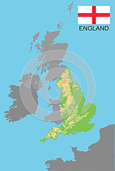 England. England is part of the UK bordered by Ireland and France. Detailed physical map of country colored according to elevation