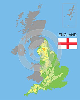 England is part of the UK. Bordered by northern ireland, Wales and Scotland. Detailed physical map of country colored according to