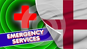 England Realistic Flag with Emergency Services Title Fabric Texture 3D Illustration