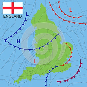 England. Realistic synoptic map of the England showing isobars and weather fronts. Meteorological forecast. Map country with