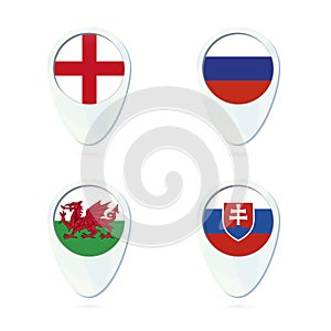 England, Russia, Wales, Slovakia flag. Map pointer icon