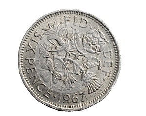 England six pence coin on white isolated background