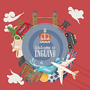 England travel vector illustration. Circle shape. Vacation in United Kingdom. Great Britain background. Journey to the UK.