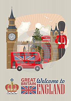 England travel vector illustration with red bus Decker. Vacation in United Kingdom. Great Britain background. Journey to the UK.
