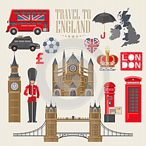 England travel vector illustration. Travel to England se. Vacation in United Kingdom. Great Britain background. Journey to the UK.