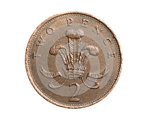 England two pence coin on white isolated background