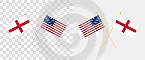 England and USA crossed flags. Pennon angle 28 degrees. Options with different shapes and colors of flagpoles - silver and gold.