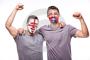 England vs Slovakia on white background. Football fans of national teams celebrate, dance and scream.