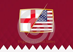England vs United States, group stage icon of football competition on burgundy background