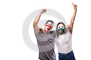 England vs Wales on white background. Football fans of national teams celebrate, dance and scream.