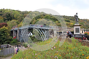 ENGLAND, WEST MIDLANDS, SHROPSHIRE, IRONBRIDGE, OCTOBER 14, 2015: Scene at the world`s first cast iron bridge in Ironbridge