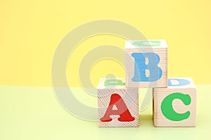 English ABC letters on wooden toy blocks