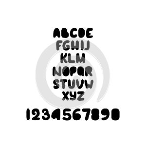 English abc. Set of vector black white cartoon funny english letters, numbers, symbols. Cute funny hand drawn typeface