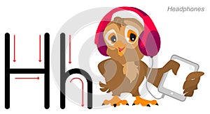 English alphabet abc lette. Owl bird listening to music on headphones