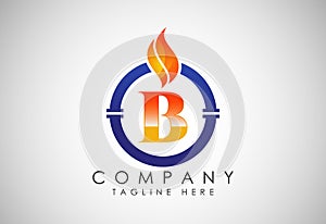 English alphabet B with fire flame and pipe. Oil and gas industry logo design concept