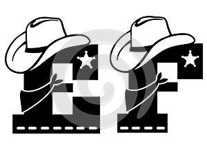 English alphabet black silhouette. Vector illustration of letter E and F with western decoration Cowboy hat and sheriff star