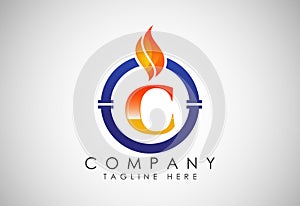 English alphabet C with fire flame and pipe. Oil and gas industry logo design concept