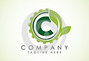 English alphabet C with gear and leaf. Eco technology logo, Green eco tech logo template design vector. Nature Industry
