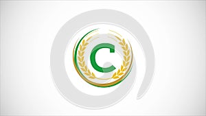 English alphabet C with wheat ears wreath video animation. Organic wheat farming logo design concept. Agriculture logo footage