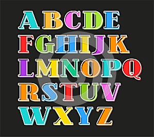 English alphabet colorful letters, white outline, black background, vector.