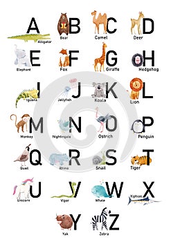 English alphabet with cute watercolor animals for babies, children. Stock illustration.