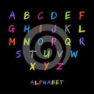 English alphabet. Difference colors uppercase letters isolated on black background. Funny cartoon hand drawn pencil font.