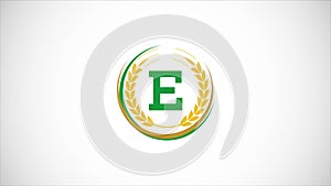 English alphabet E with wheat ears wreath video animation. Organic wheat farming logo design concept. Agriculture logo footage