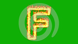 English alphabet F with fire effect on green screen background