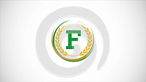 English alphabet F with wheat ears wreath video animation. Organic wheat farming logo design concept. Agriculture logo footage