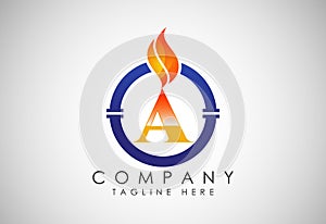 English alphabet A with fire flame and pipe. Oil and gas industry logo design concept