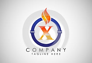 English alphabet X with fire flame and pipe. Oil and gas industry logo design concept