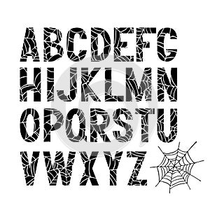 English alphabet font. Letters with spider webs.
