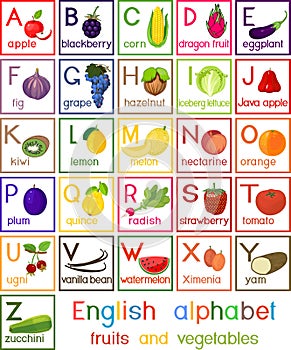 English alphabet with fruits and vegetables