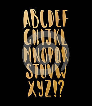 English alphabet. Golden lettering. English alphabet. Letter. Vector handwritten brush script. Gold letters on dark background.