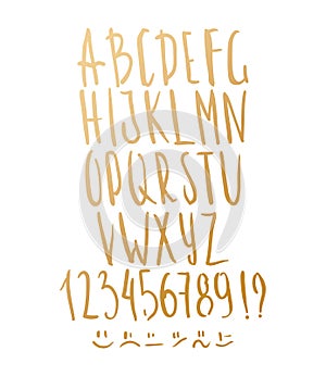 English alphabet. Golden lettering. English alphabet. Letter. Vector handwritten brush script. Gold letters on dark background.