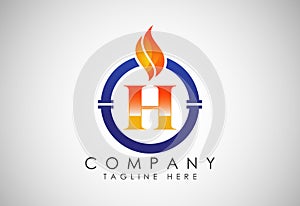 English alphabet H with fire flame and pipe. Oil and gas industry logo design concept