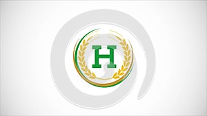 English alphabet H with wheat ears wreath video animation. Organic wheat farming logo design concept. Agriculture logo footage