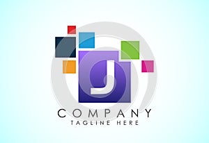English alphabet J with data pixel. Creative technological modern data pixel logo